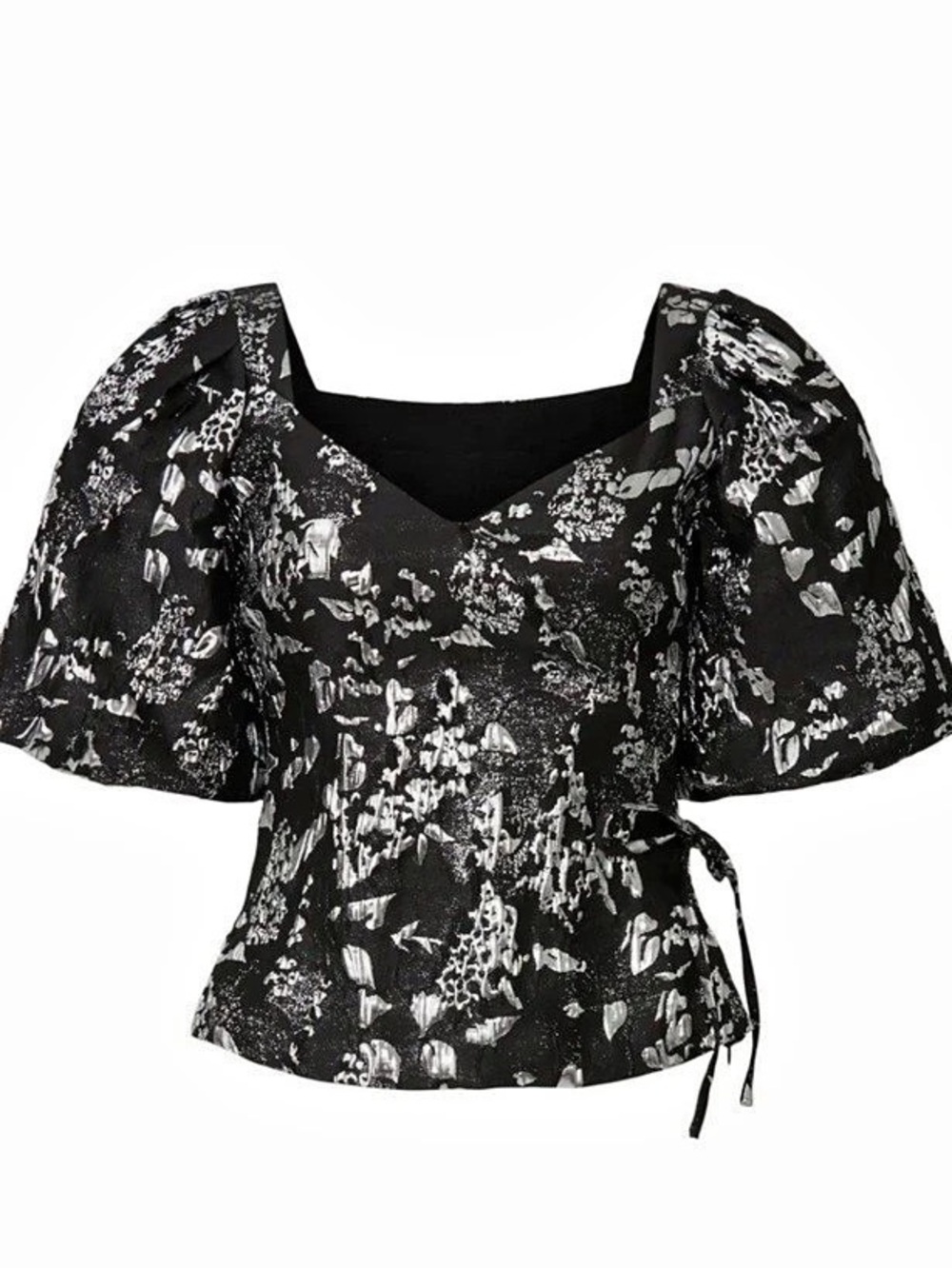 Jonathan Simkhai Taylor Metallic Wrap Top Black Silver Puff Sleeve Blouse
